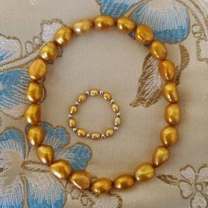 Honora pearl stretch bracelet and ring - golden / amber color